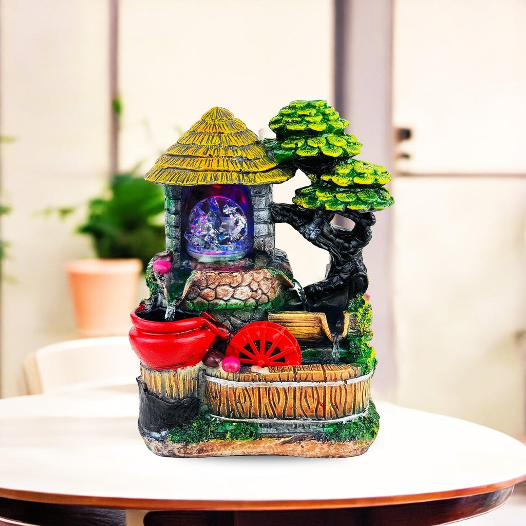 Go Hooked Polyresin Waterfall Fountain with LED Lights & Adjustable Speed Control for Living Room, Bedroom & Office | Tabletop Showpiece Water Fountain | Stress Relief & Positive Energy Décor GH-F319