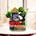 GoHooked multicolor polyresin tabletop waterfall fountain with LED lights and adjustable speed control, featuring a rustic well and tree design.