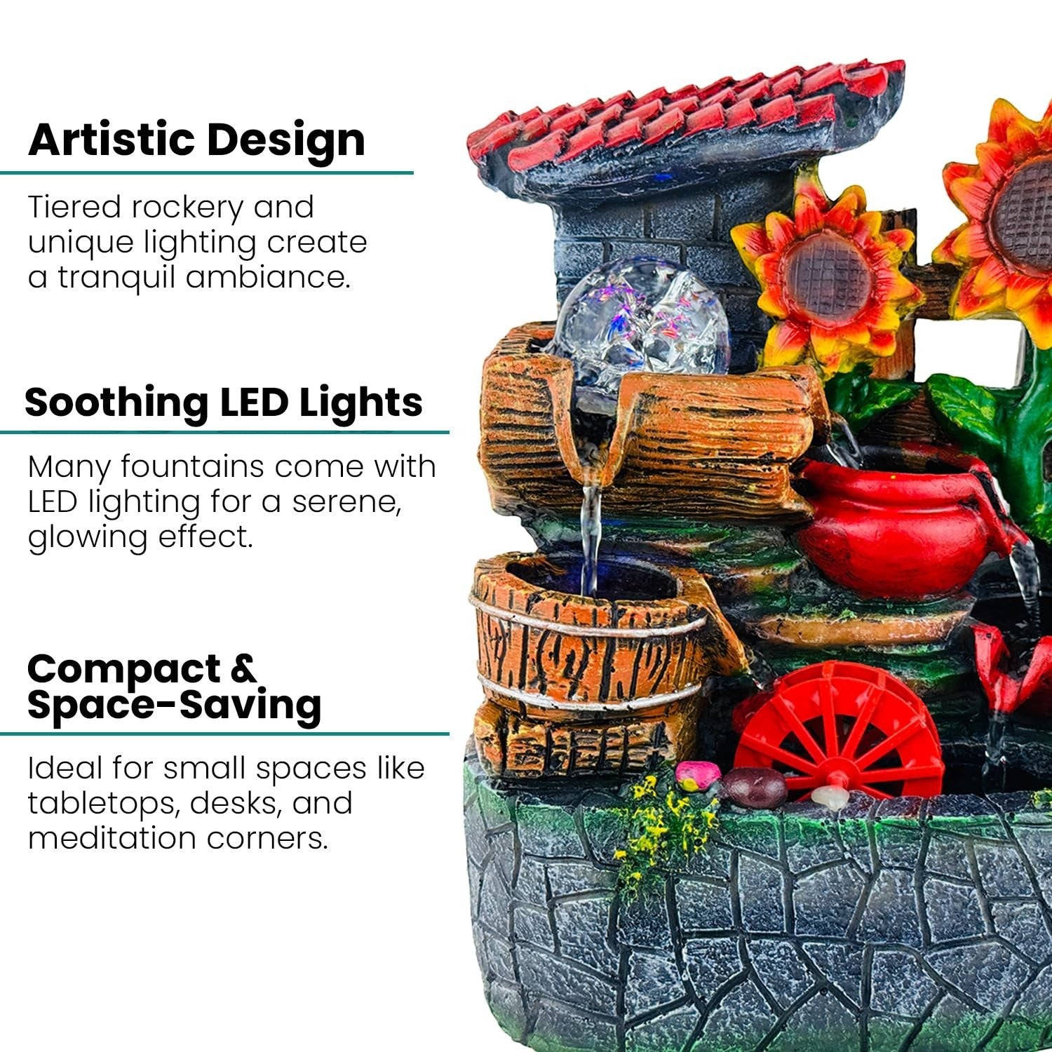 Go Hooked multicolor polyresin tabletop waterfall fountain with LED lights and sunflowers. Features tiered rockery, wooden buckets, and a water wheel.
