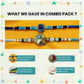 GoHooked multicolor designer rakhis with pearl beads, evil eye, and Krishna motif. Includes roli chawal vials and greeting card.