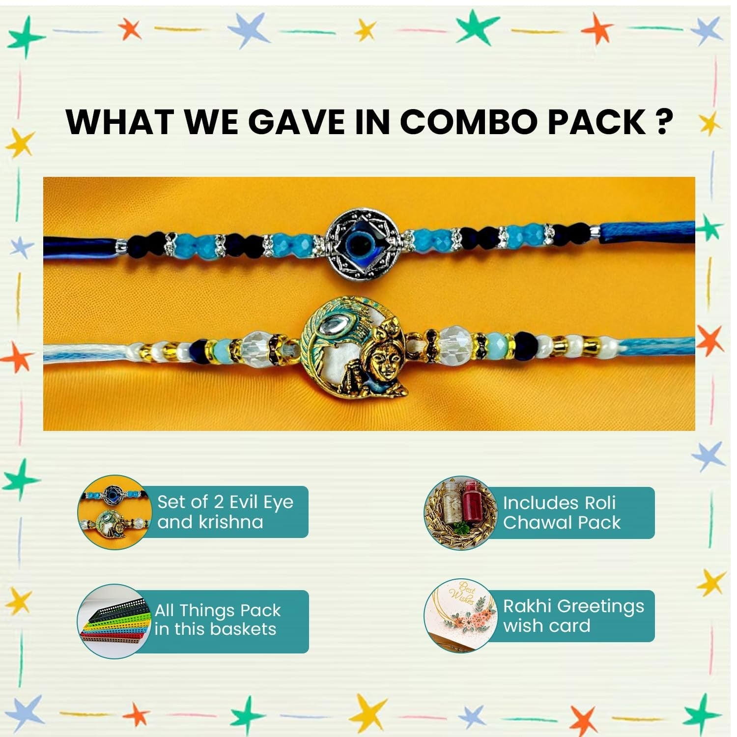 GoHooked multicolor designer rakhis with pearl beads, evil eye, and Krishna motif. Includes roli chawal vials and greeting card.