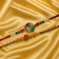 GoHooked multicolor designer Rakhis with pearl beads, peacock motif, and rudraksha. For Raksha Bandhan.