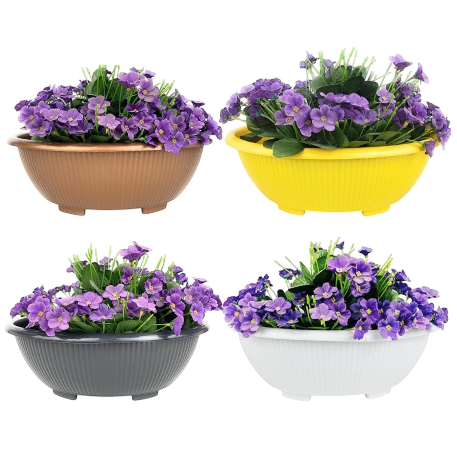GoHooked set of four round plastic bonsai planter pots in yellow, white, grey, and bronze with purple flowers