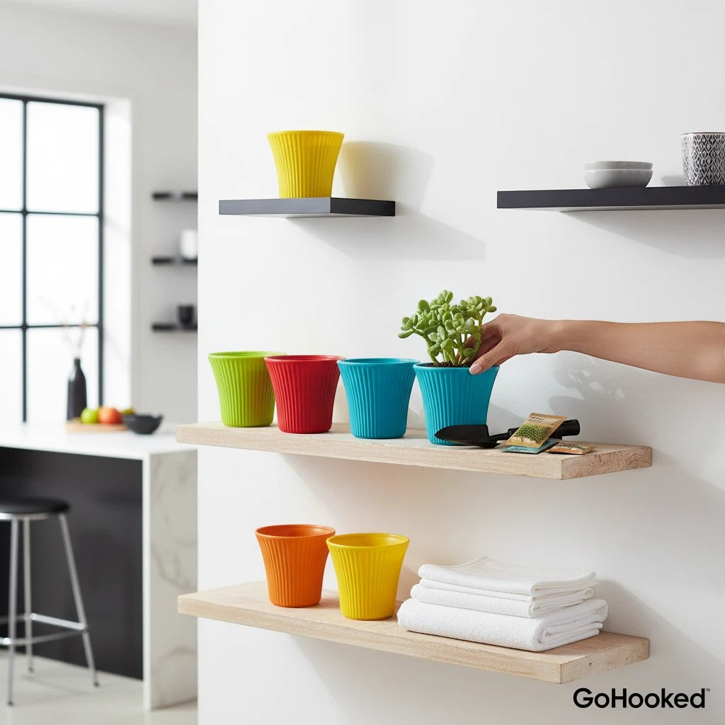 GoHooked multicolor small plastic flower pots with ribbed texture, 5-inch diameter, perfect for home and garden decor.