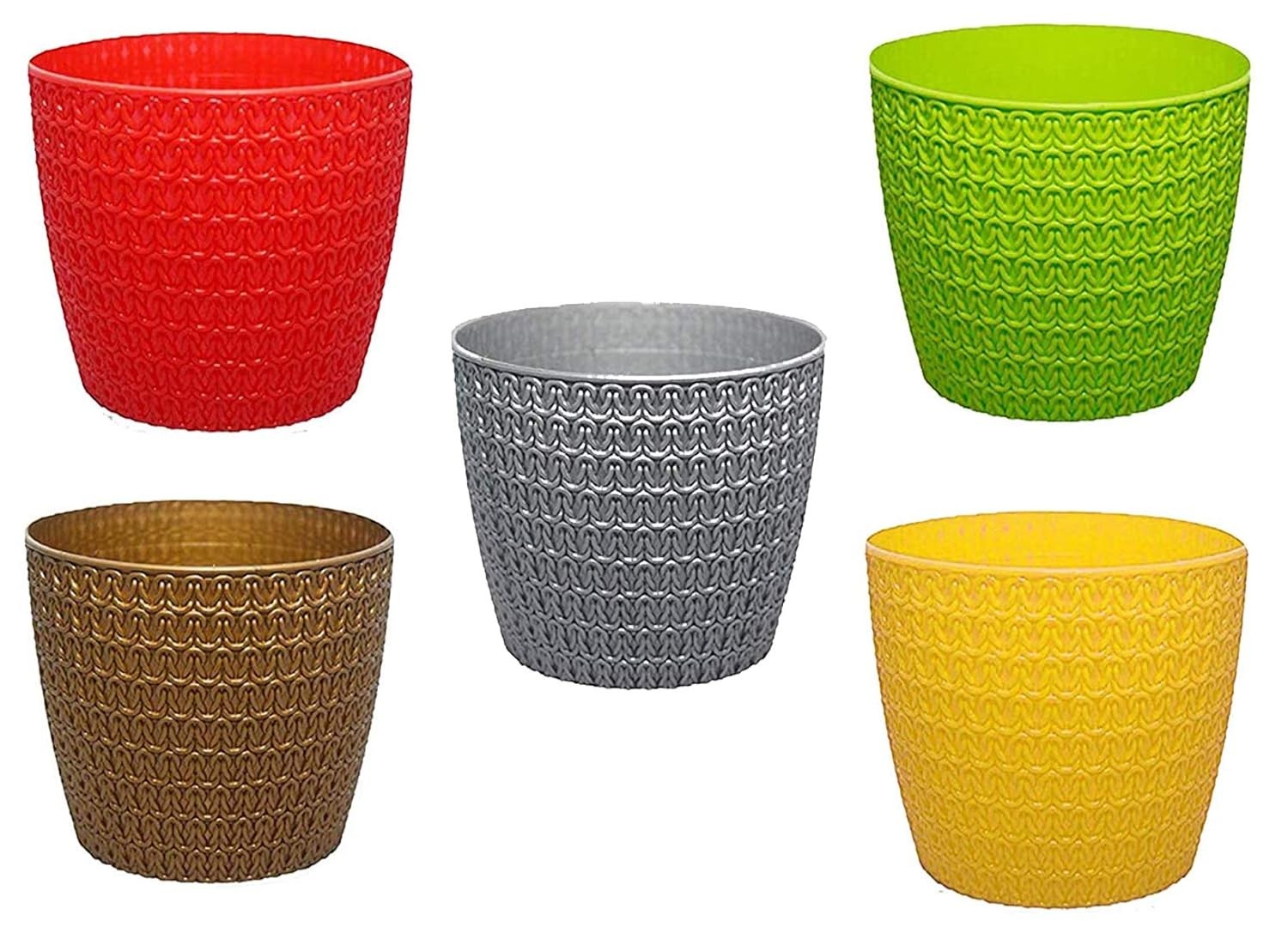 GoHooked set of five colorful plastic Oslo planter pots with a textured woven pattern for indoor and outdoor decor.