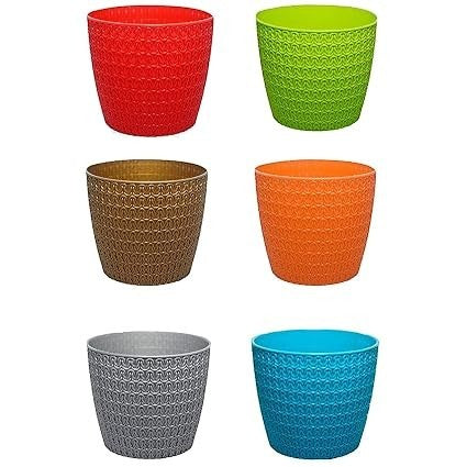 GoHooked set of six vibrant multicolor plastic Oslo planter pots with a textured woven pattern for home decor