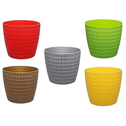 GoHooked set of five colorful plastic Oslo planter pots with a textured woven pattern for indoor and outdoor decor.