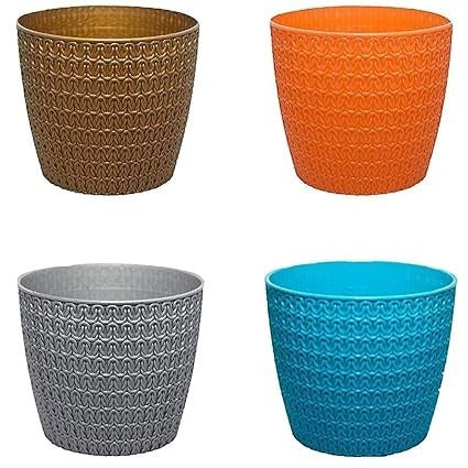 GoHooked set of four multicolor Oslo plastic planter pots with textured woven patterns for indoor and outdoor decor
