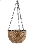 GoHooked multicolor round woven plastic hanging planter with black chain. Features a rattan-like texture.