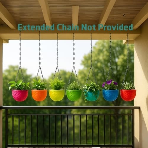 GoHooked multicolor round woven plastic hanging planters with plants, set of 7.
