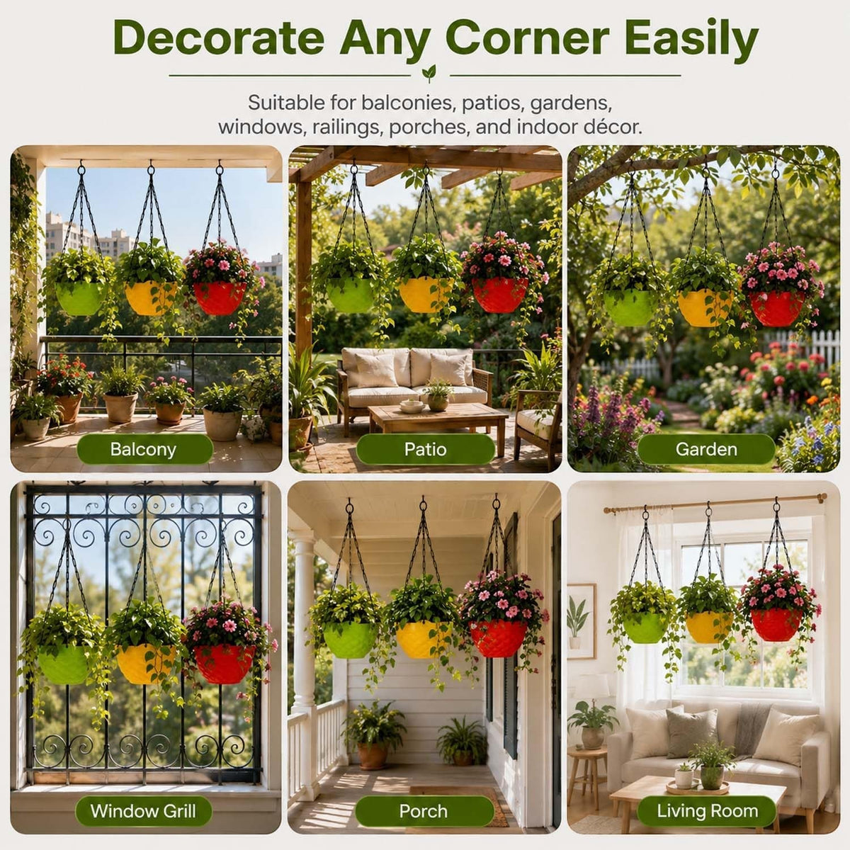 GoHooked set of 7 multicolored faceted plastic hanging planters with chains displayed in various home settings.