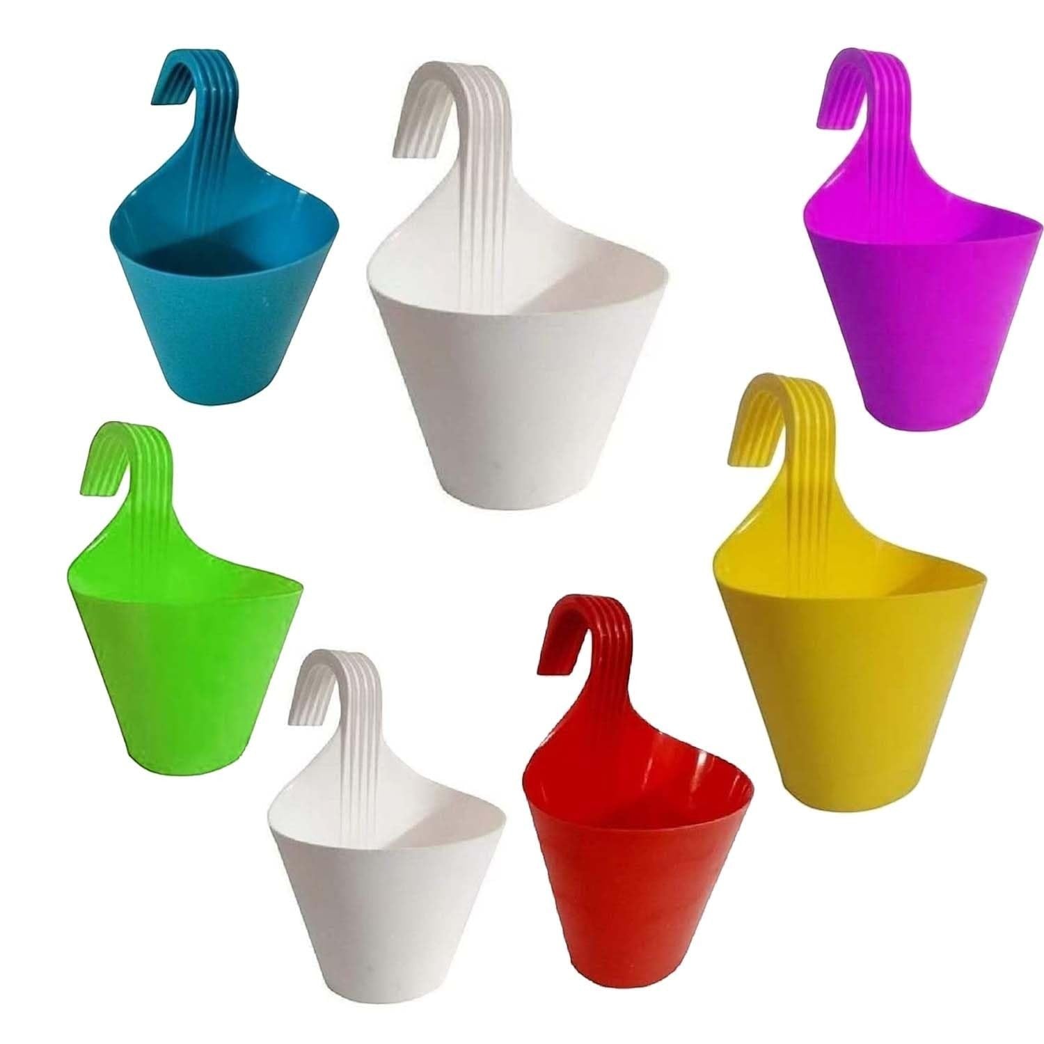 GoHooked multicolored plastic railing planters, set of 7, for balcony and home gardening.