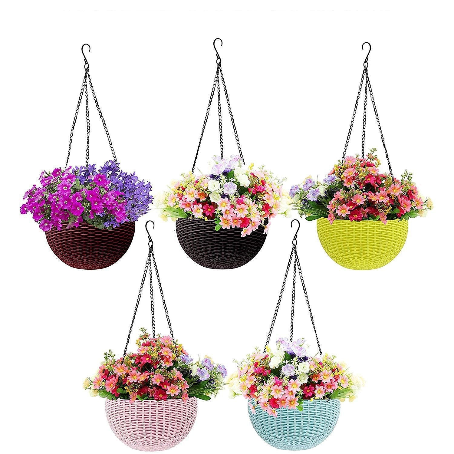 GoHooked multicolour plastic hanging planters with woven texture, 7.1 inch diameter, 13 inch chain, set of 10.