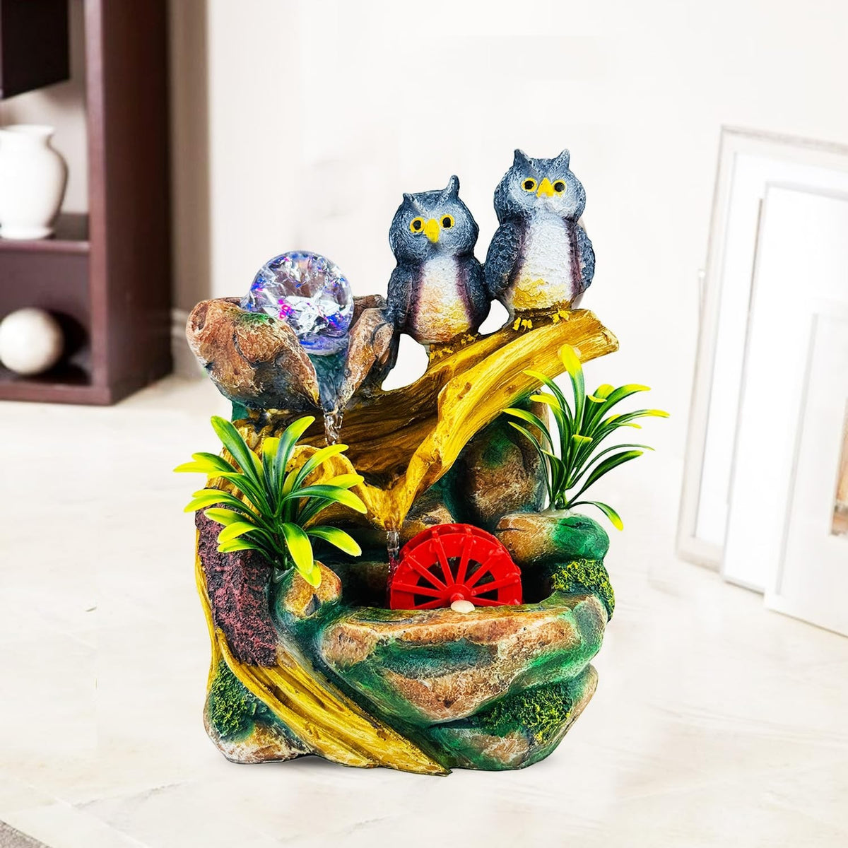 GoHooked multicolour polyresin tabletop waterfall fountain with two owls, LED light, and red water wheel. 25.5 cm.