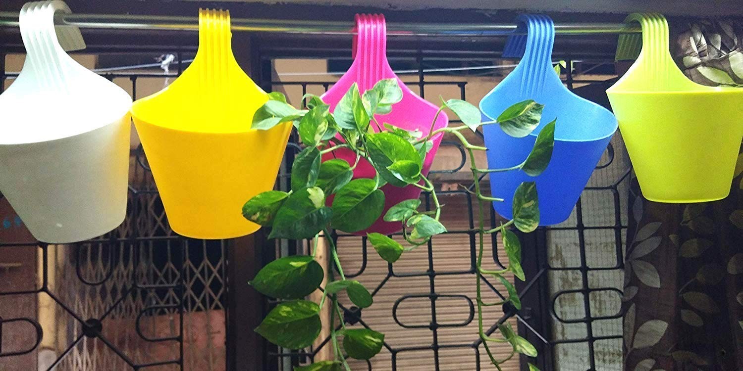 GoHooked multicolour virgin plastic hanging planters with hooks, ideal for balconies and railings.