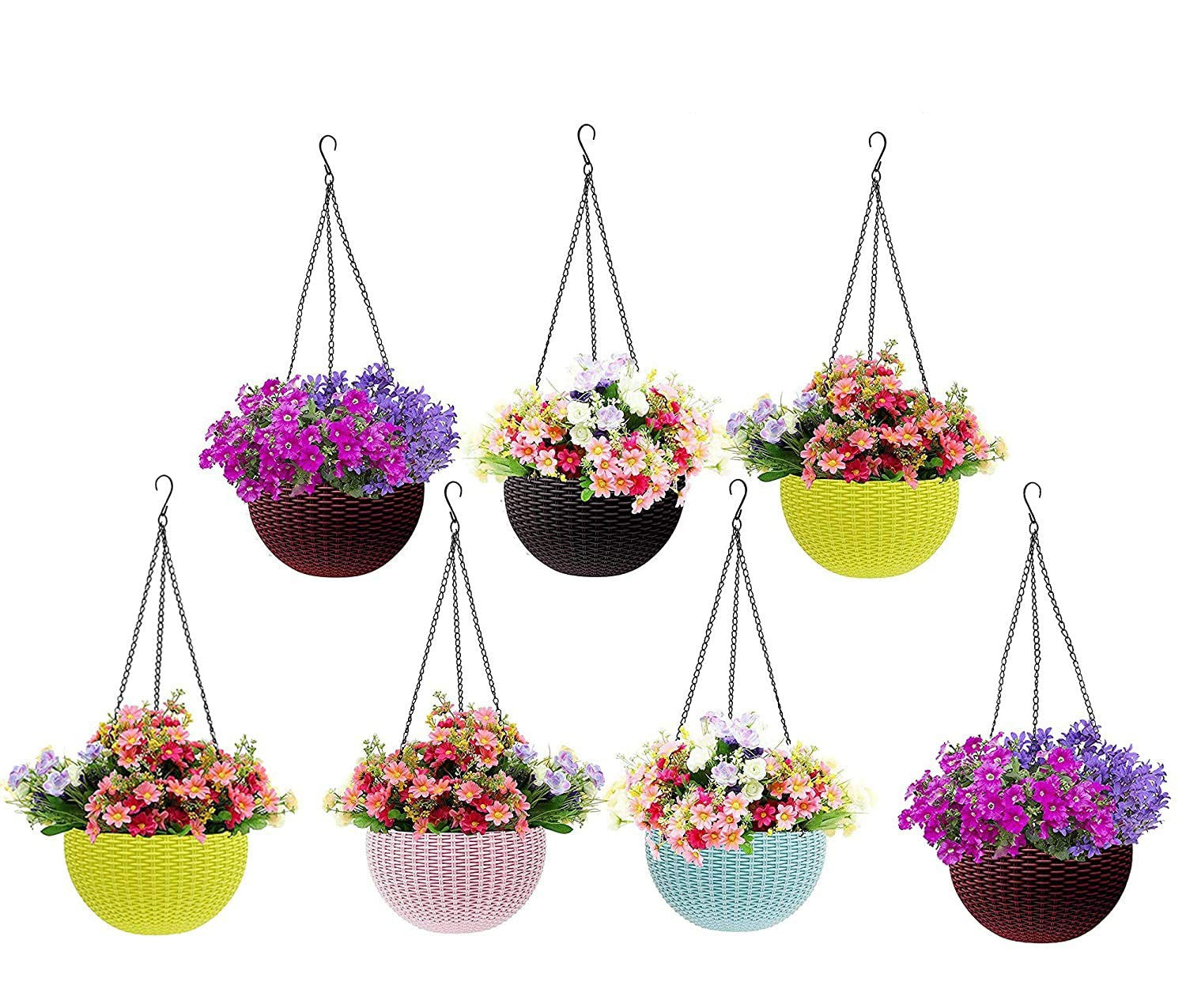 GoHooked 7-piece set of multicolour plastic hanging planters with woven texture, each holding vibrant artificial flowers.