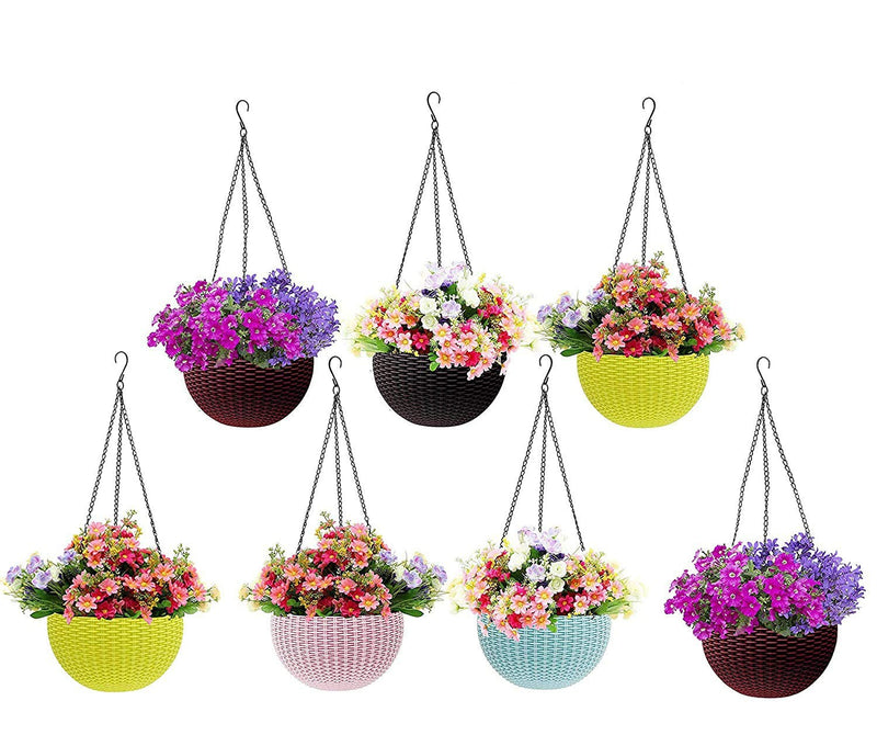 GoHooked 7-piece set of multicolour plastic hanging planters with woven texture, each holding vibrant artificial flowers.