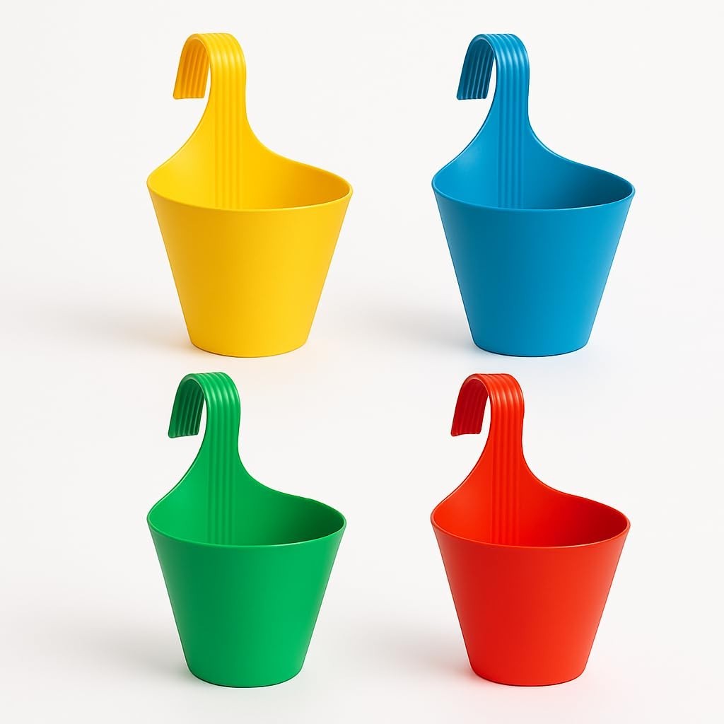 GoHooked set of 4 multicolour virgin plastic hanging planters for railings, balconies, or patios.
