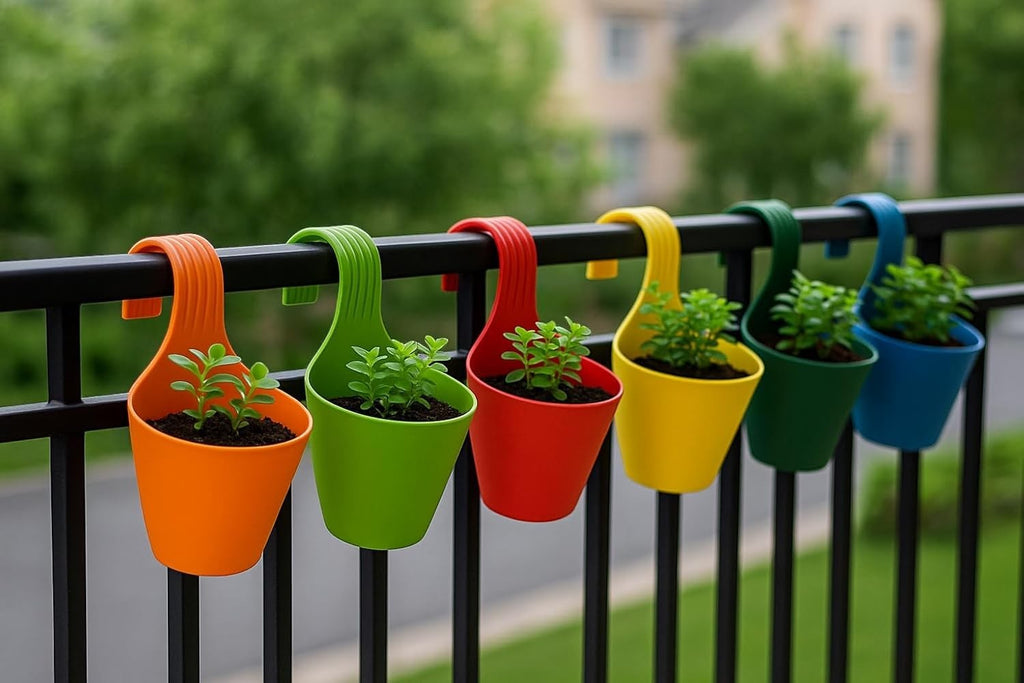 GoHooked set of 4 multicolour plastic hanging planters with double hooks, perfect for balconies and railings.