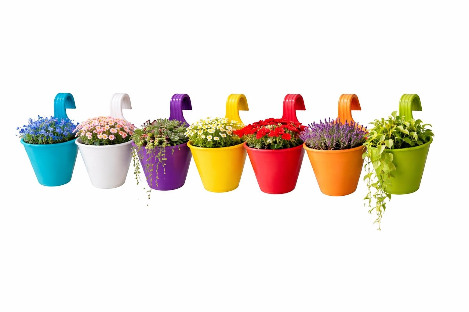 GoHooked Set of 4 multicolour plastic hanging planters with double hooks, suitable for balconies and gardens.