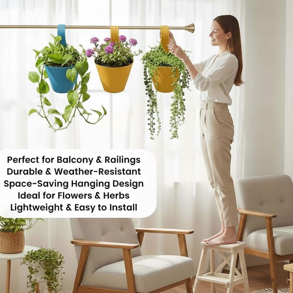 GoHooked set of 4 multicolour plastic hanging planters with double hooks for balcony and railings.