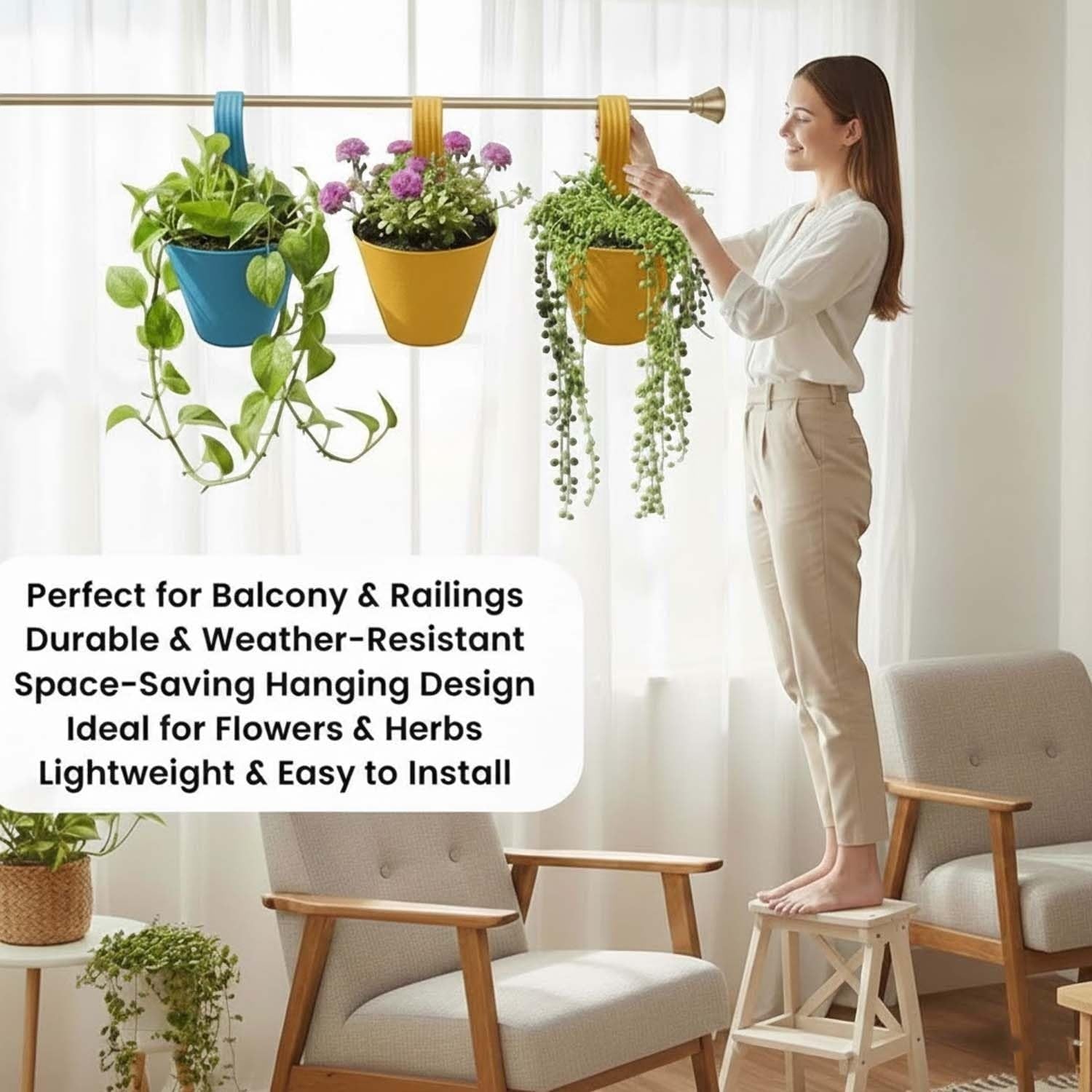 GoHooked set of 4 multicolour plastic hanging planters with double hooks for balcony and railings.