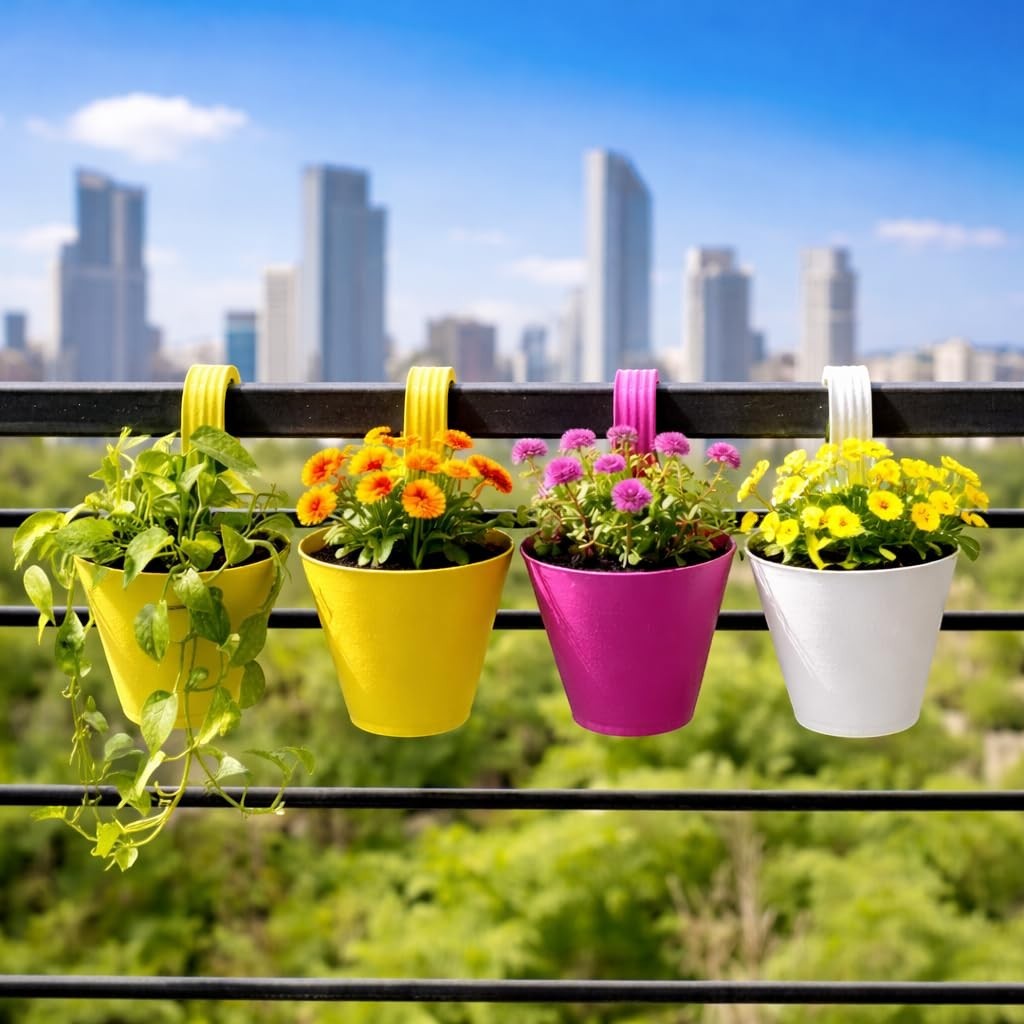 GoHooked set of 4 multicolour plastic hanging planters with double hooks, perfect for balconies.