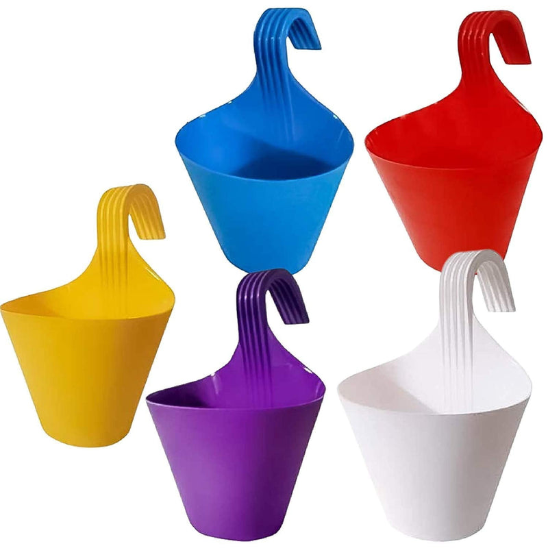 GoHooked multicolour set of 5 medium plastic hanging planters with hooks for balcony railings.