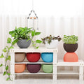 GoHooked set of 7 multicolour plastic hanging planters with woven texture. Ideal for indoor/outdoor use.