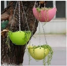 GoHooked set of 5 multicolour plastic hanging pots with chains, ideal for patios and balconies.