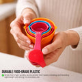GoHooked set of 5 multicolour plastic measuring cups with clear measurement markings for baking and cooking.