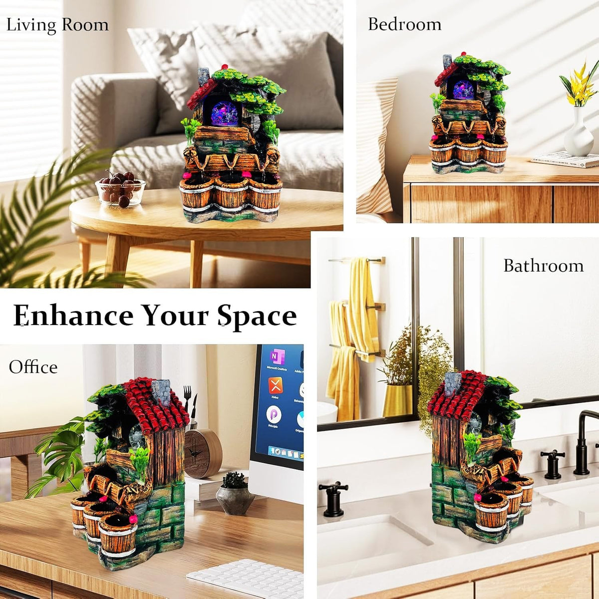 Go Hooked multicolour polyresin tabletop waterfall fountain with LED lights and adjustable speed control. Features a rustic house design with greenery and wooden buckets.