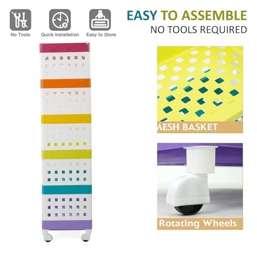 GoHooked 6-tier multipurpose storage rack with rotating wheels and mesh baskets. Features colorful bands of purple, teal, green, yellow, orange, and pink.