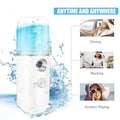 GoHooked white and blue USB nano mist facial sprayer with water mist effect, ideal for driving, working, or outdoor play.