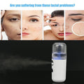 GoHooked white USB nano mist facial sprayer with clear tank, emitting a fine mist. Shows before/after skin improvements.
