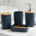Go Hooked navy blue plastic bathroom set with heart embossed design, includes soap dispenser, toothbrush holder, tumbler, and soap dish.