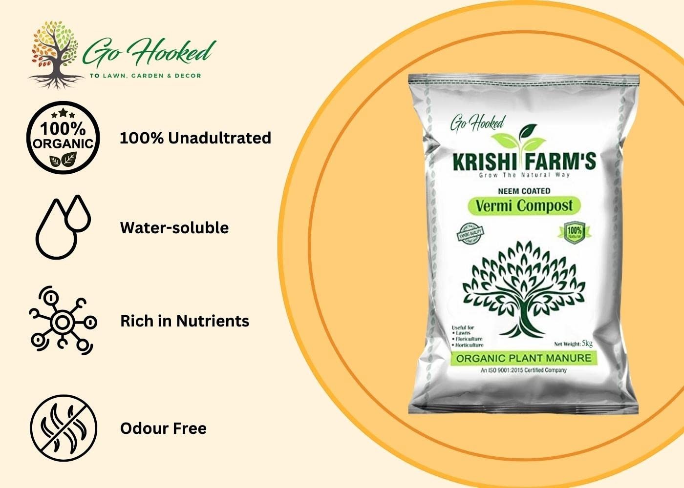 Go Hooked 5kg bag of neem-coated vermicompost organic plant manure, rich in nutrients and water-soluble.