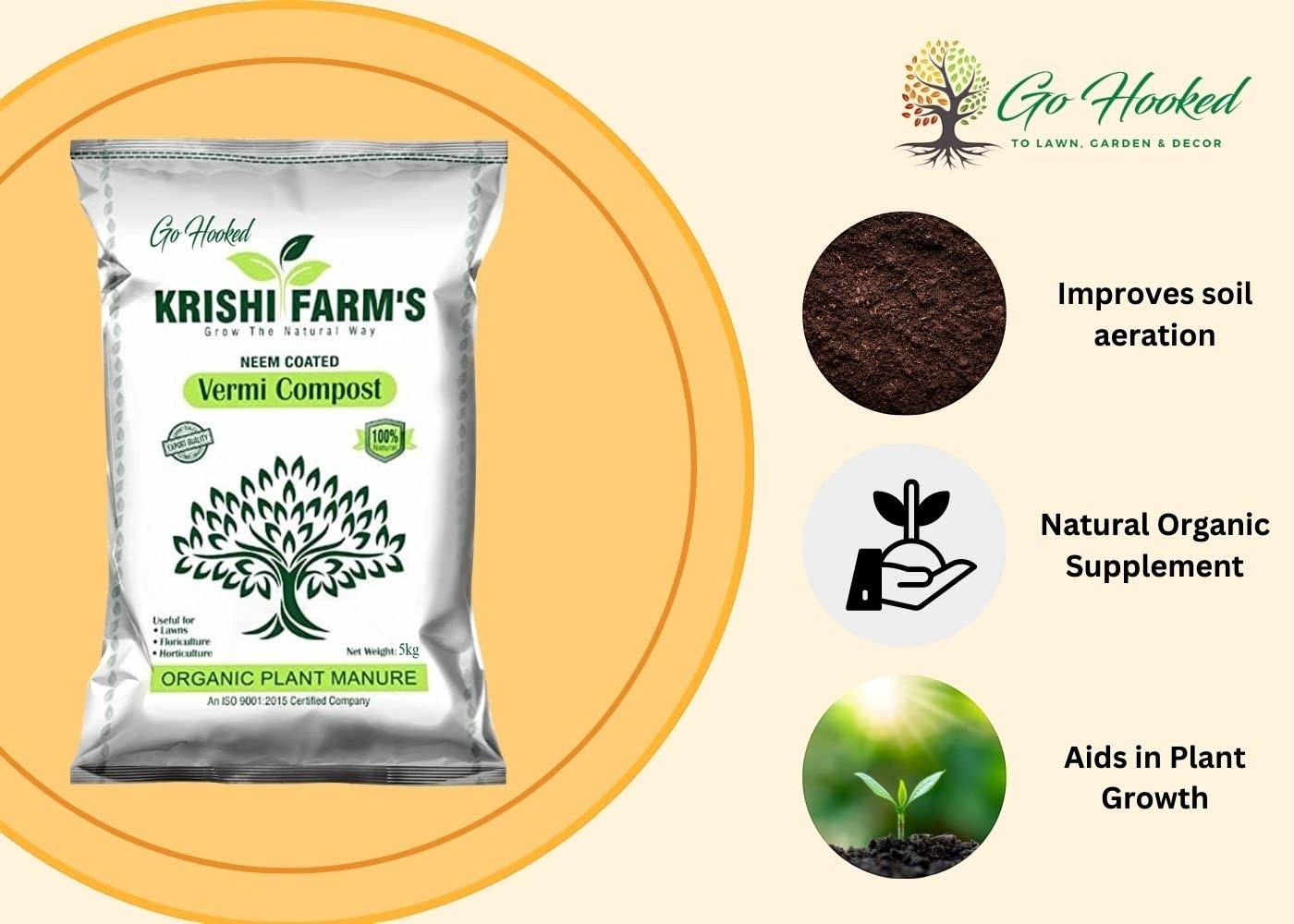 GoHooked Krishi Farm's 5kg bag of neem-coated vermicompost organic plant manure for gardening. Improves soil aeration, acts as a natural supplement, and aids plant growth.