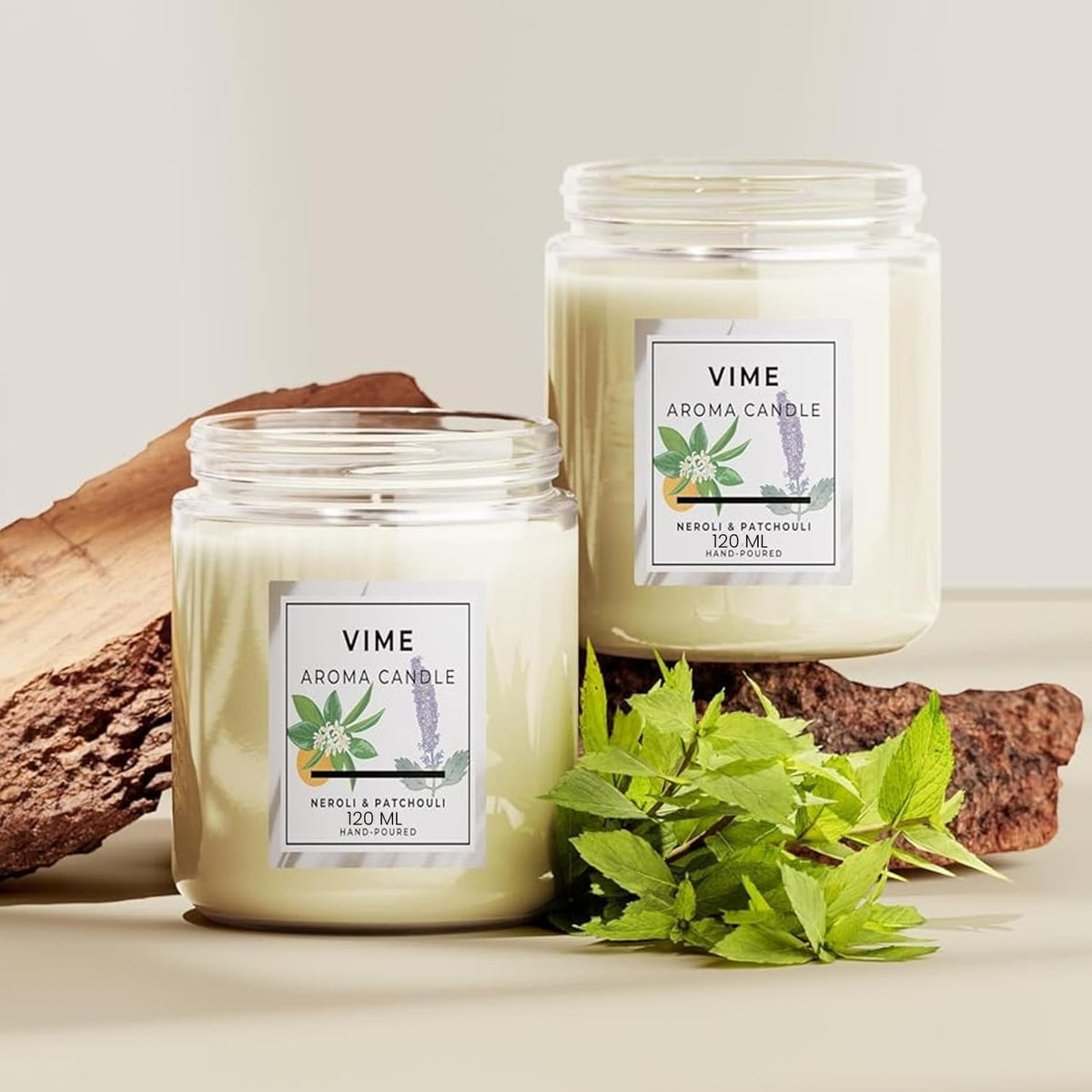 GoHooked Vime Neroli & Patchouli aroma candle in a white wax-filled glass jar with a minimalist label. Hand-poured.