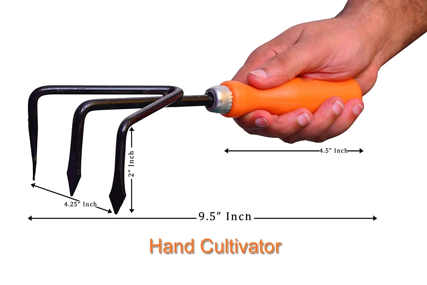 GoHooked orange and black metal hand cultivator with a comfortable grip handle for gardening.