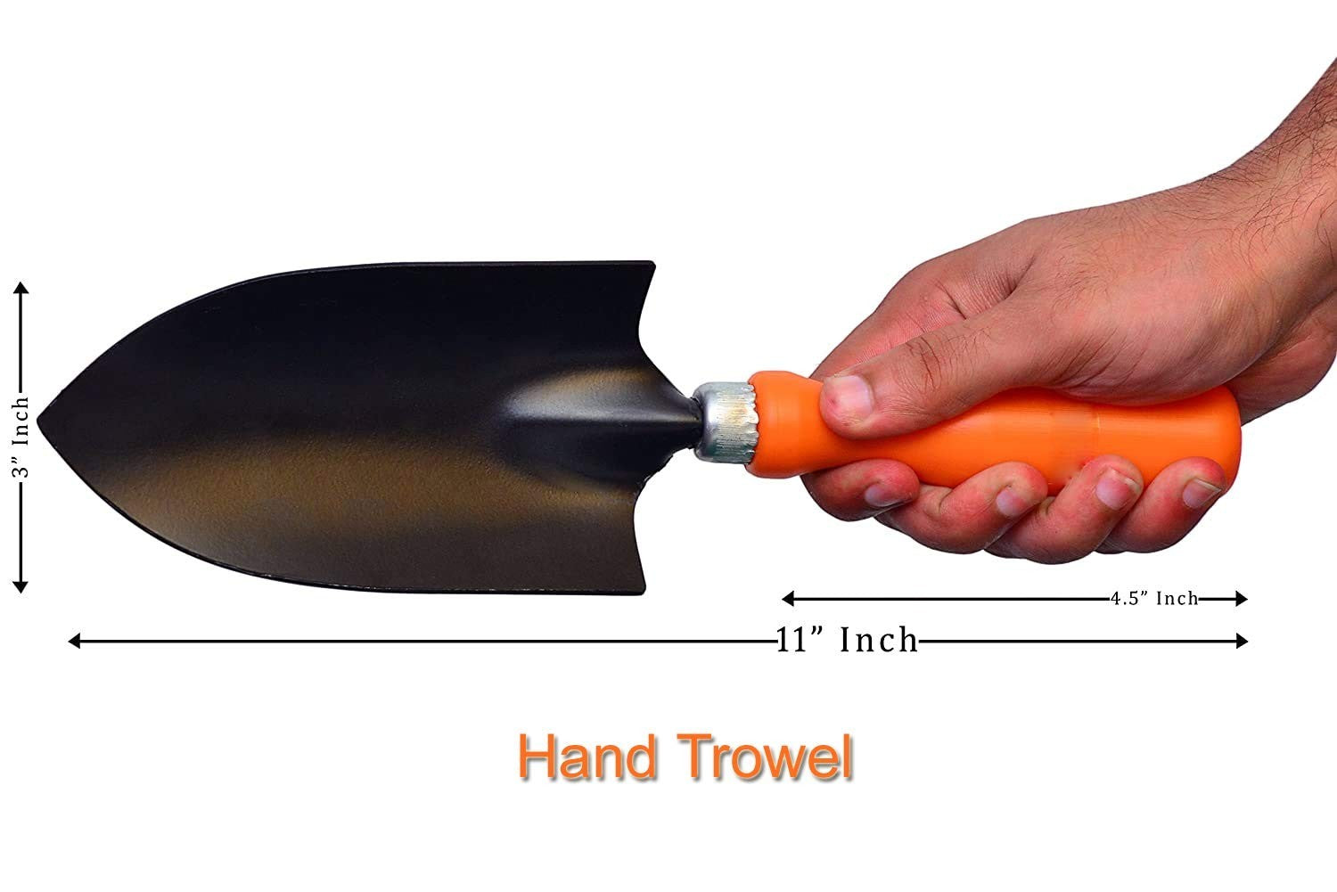 GoHooked orange and black hand trowel with a powder-coated metal head and ergonomic plastic handle.