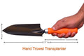 GoHooked orange and black metal hand trowel transplanter with powder coating for rust protection and comfortable grip.
