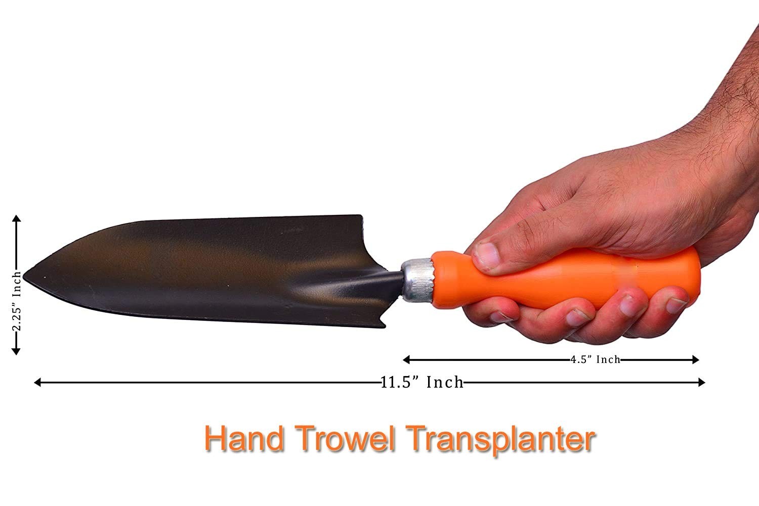 GoHooked orange and black metal hand trowel transplanter with powder coating for rust protection and comfortable grip.
