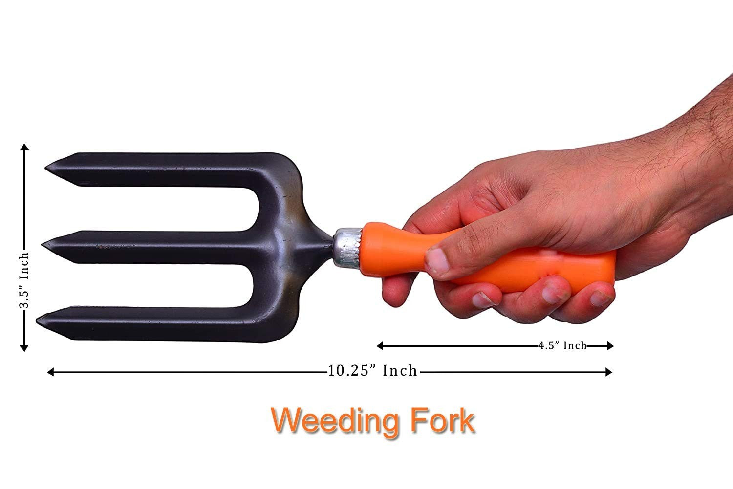 GoHooked orange and black metal weeding fork with three tines and ergonomic handle.
