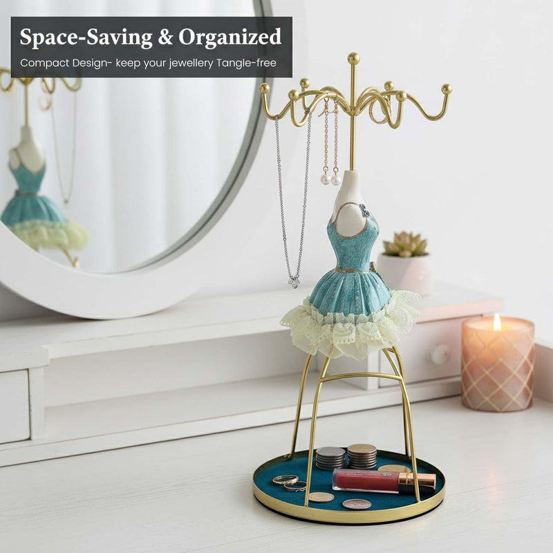 GoHooked orange doll dress jewelry holder with gold hooks for necklaces, earrings, and bracelets. Velvet tray base.
