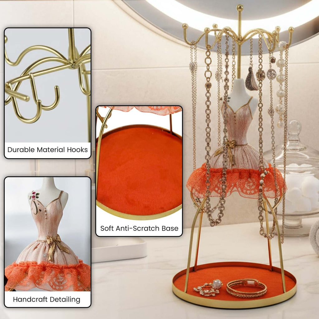 GoHooked orange doll dress jewelry stand with metal hooks and soft base tray for necklaces and rings on vanity