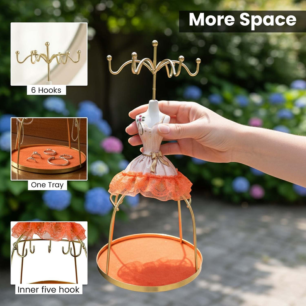 GoHooked orange doll dress jewelry stand with metal hooks and a velvet base tray for necklaces and rings