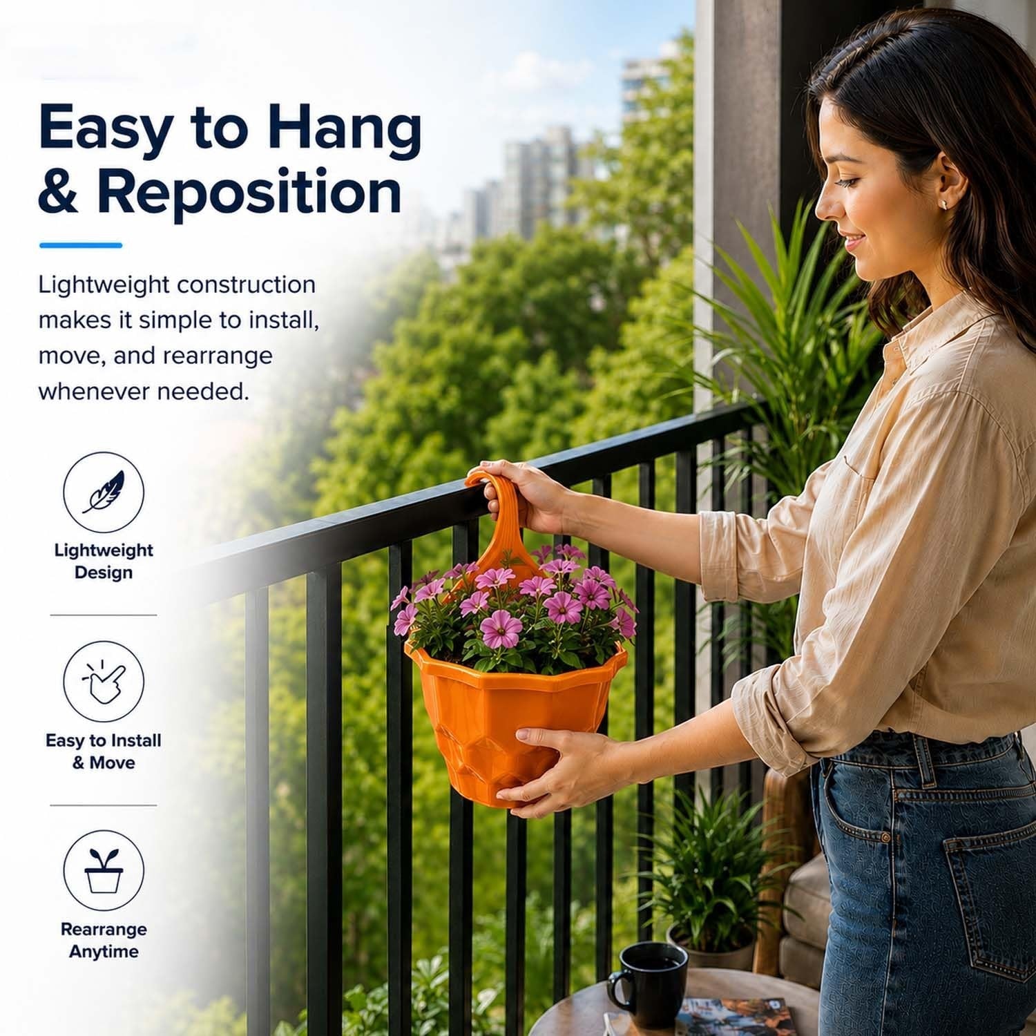 A woman hanging a GoHooked orange geometric plastic planter pot on a black balcony railing with pink flowers inside.