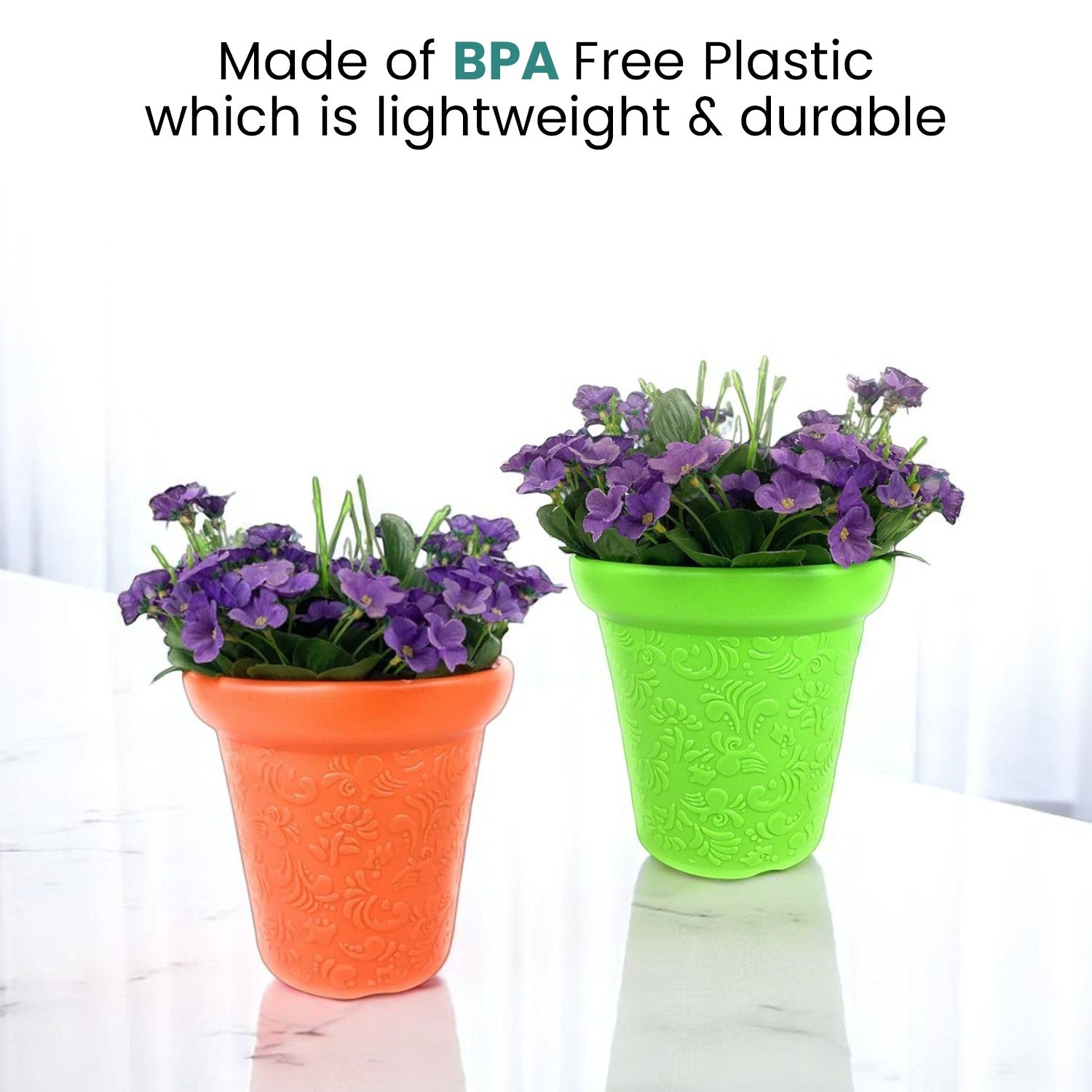 GoHooked set of two vibrant orange and green BPA-free plastic planter pots with embossed floral patterns