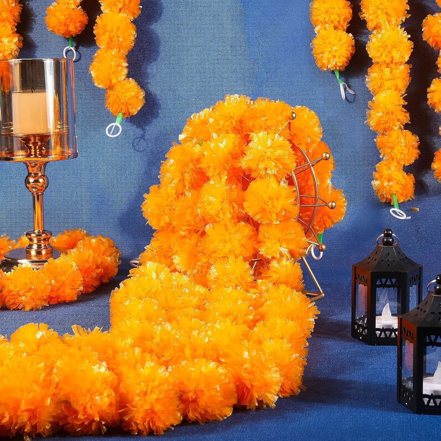 GoHooked Set of 8 orange marigold flower garlands, 4.5 ft each, made of fibre for festive home decor.
